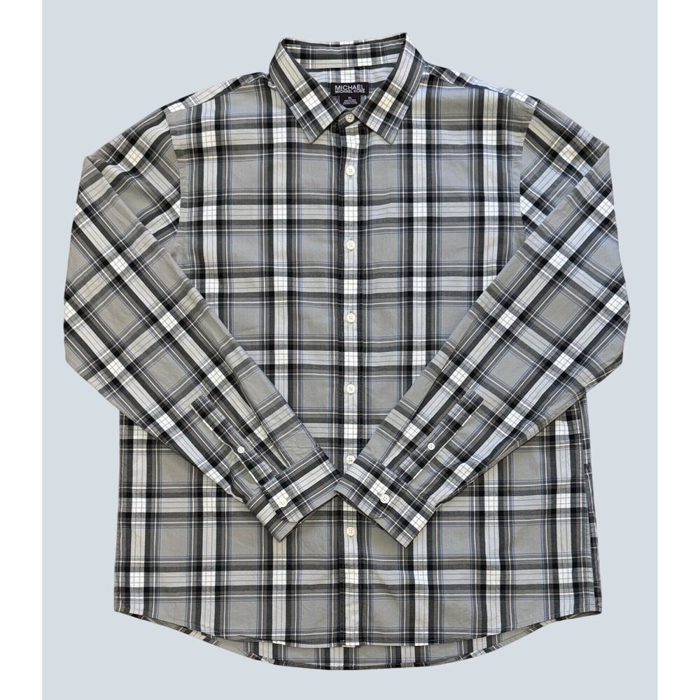 Michael Kors Men’s XL Plaid Button Down Shirt Long Sleeve Cotton Gray Blue